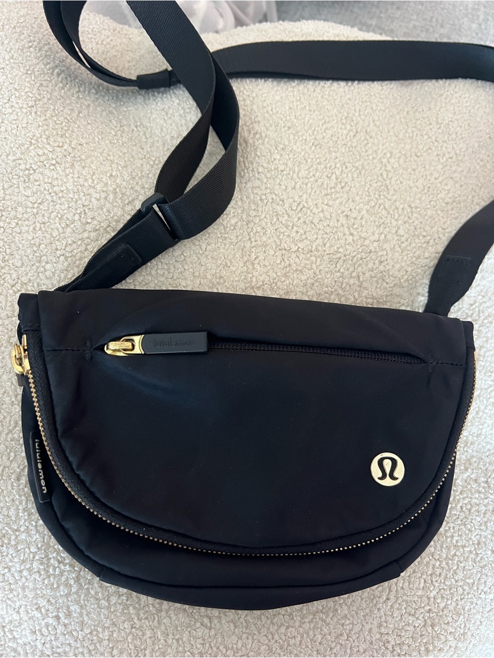 lululemon athletica Black Crossbody Belt Bag with Gold Accents